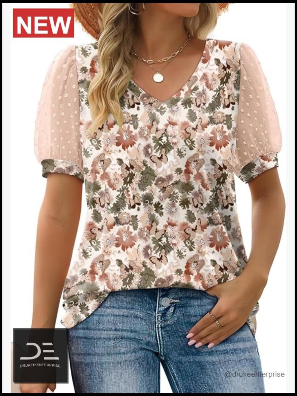 Swiss Dot Puff Sleeve V Neck T Shirt Loose Casual Top